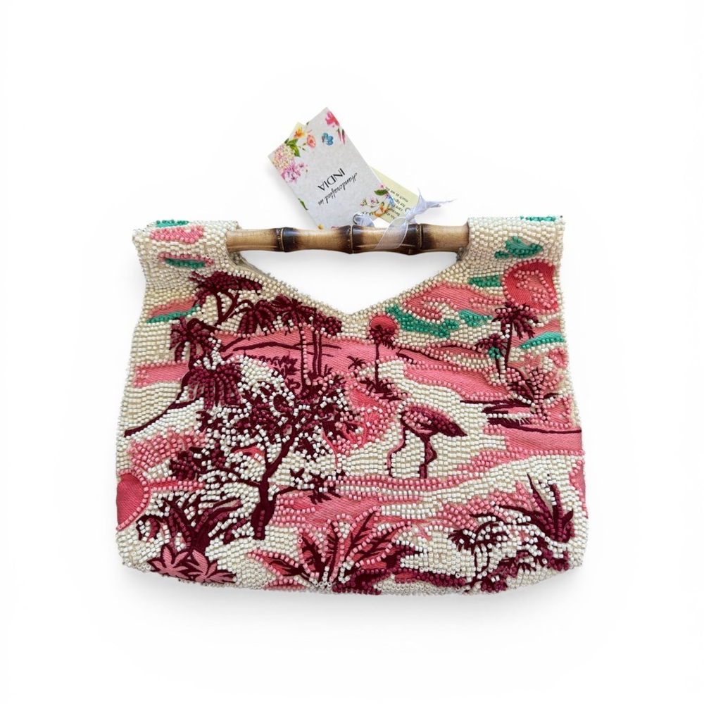 Beaded Pink Tropical Clutch with Bamboo Handle